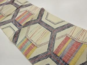 手織り紬亀甲に変わり横段模様織出し名古屋帯